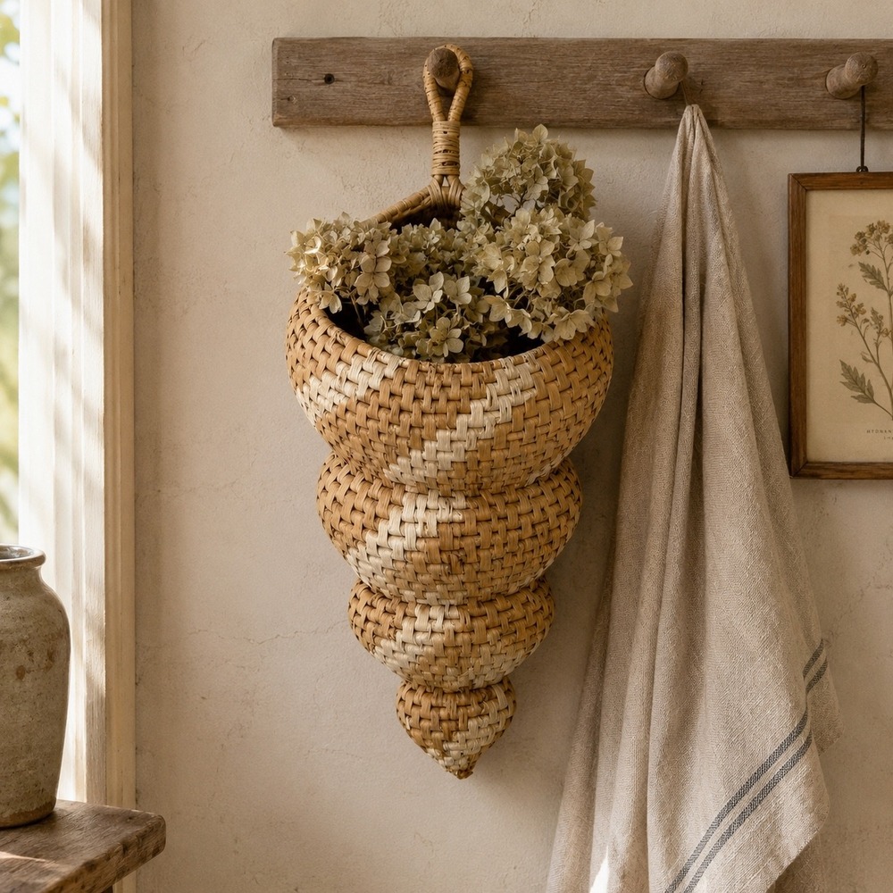 Vintage Hanging Wall Basket Woven Shell Pocket Basket Cottage Wall Decor